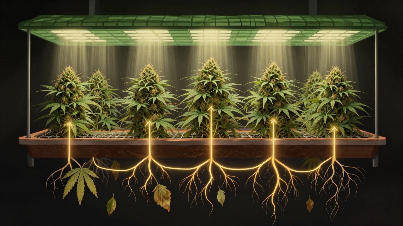 Stilisierte Darstellung der Energieverteilung in einer Hanfpflanze während der SCROG-Methode mit Lichtstrahlen und wachsenden Blüten.