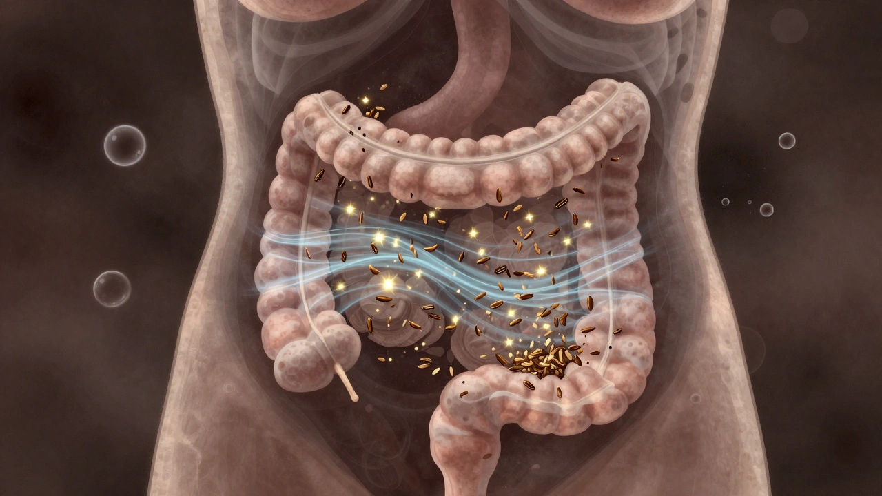 Transluzenter Bauch mit gesunden Darmbakterien, Hanf- und Kümmelsamen als Lichtpunkte, aufgelöste Gasblasen