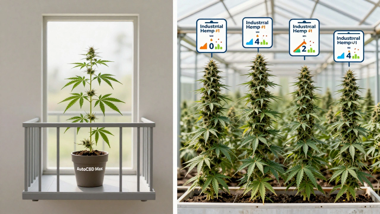 Vergleich: Eine Hanfpflanze auf dem Balkon und eine kommerzielle Hanfplantage im Gewächshaus.