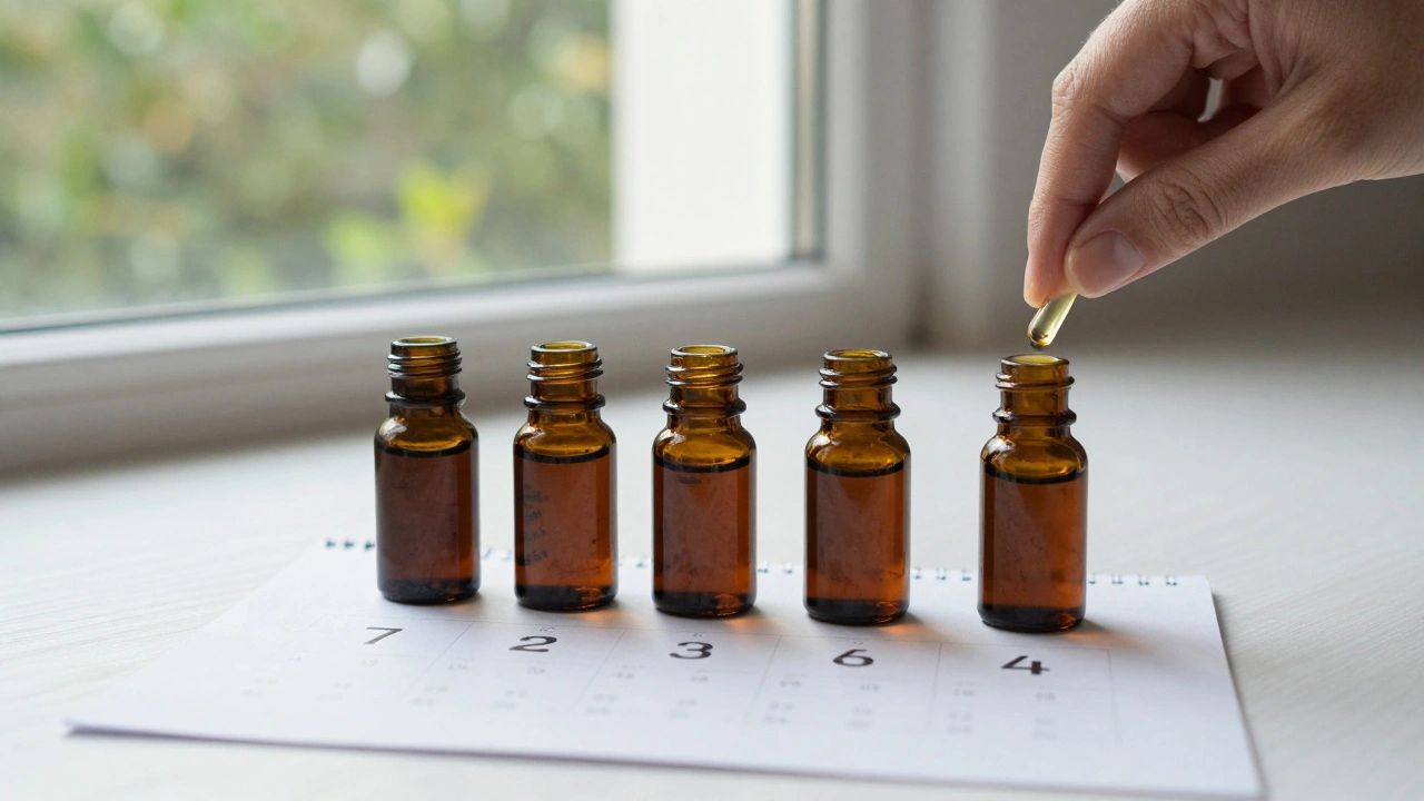 Vier Gläser mit Hanföl und Kalenderseiten zeigen die Pflegeroutine über vier Wochen.