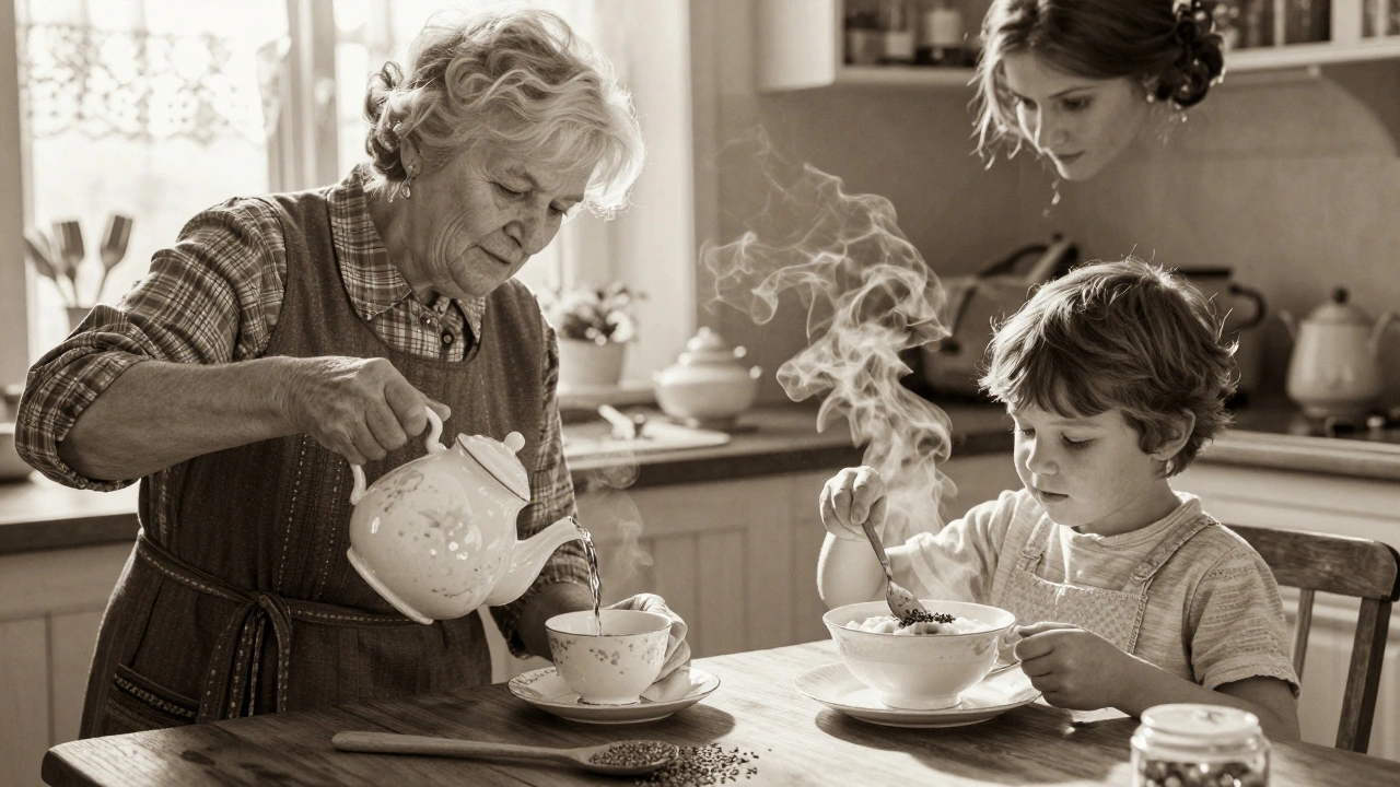 Vintage deutsche Küche: Frau gießt heißes Wasser über Kümmelsamen, Mutter gibt Hanfsamen in Brei für Kind