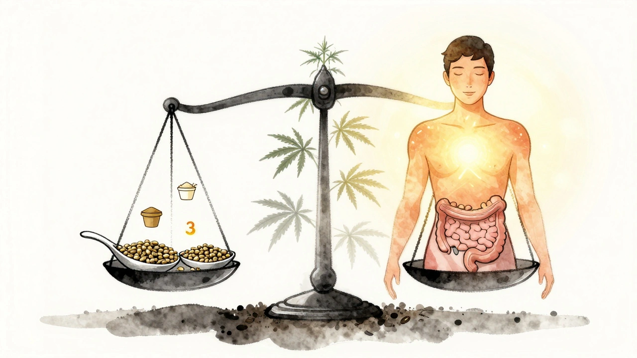 Waage mit Hanfsamen und Symbolen für Gesundheit auf einer Seite, menschliche Silhouette auf der anderen.