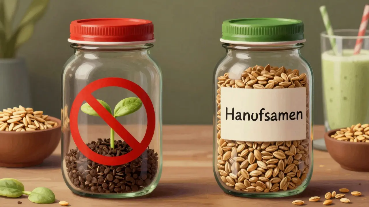 Zwei Gläser mit Samen: links verbotene Cannabissamen, rechts legale Hanfsamen mit Lebensmitteln.