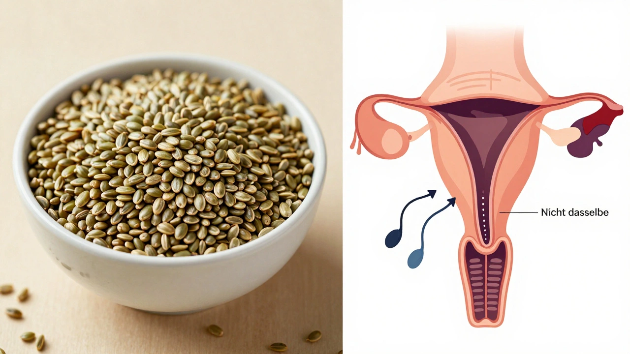 Zwei Seiten: Hanfsamen auf der einen, Spermienproduktion auf der anderen, mit klarem Hinweis auf den Unterschied.