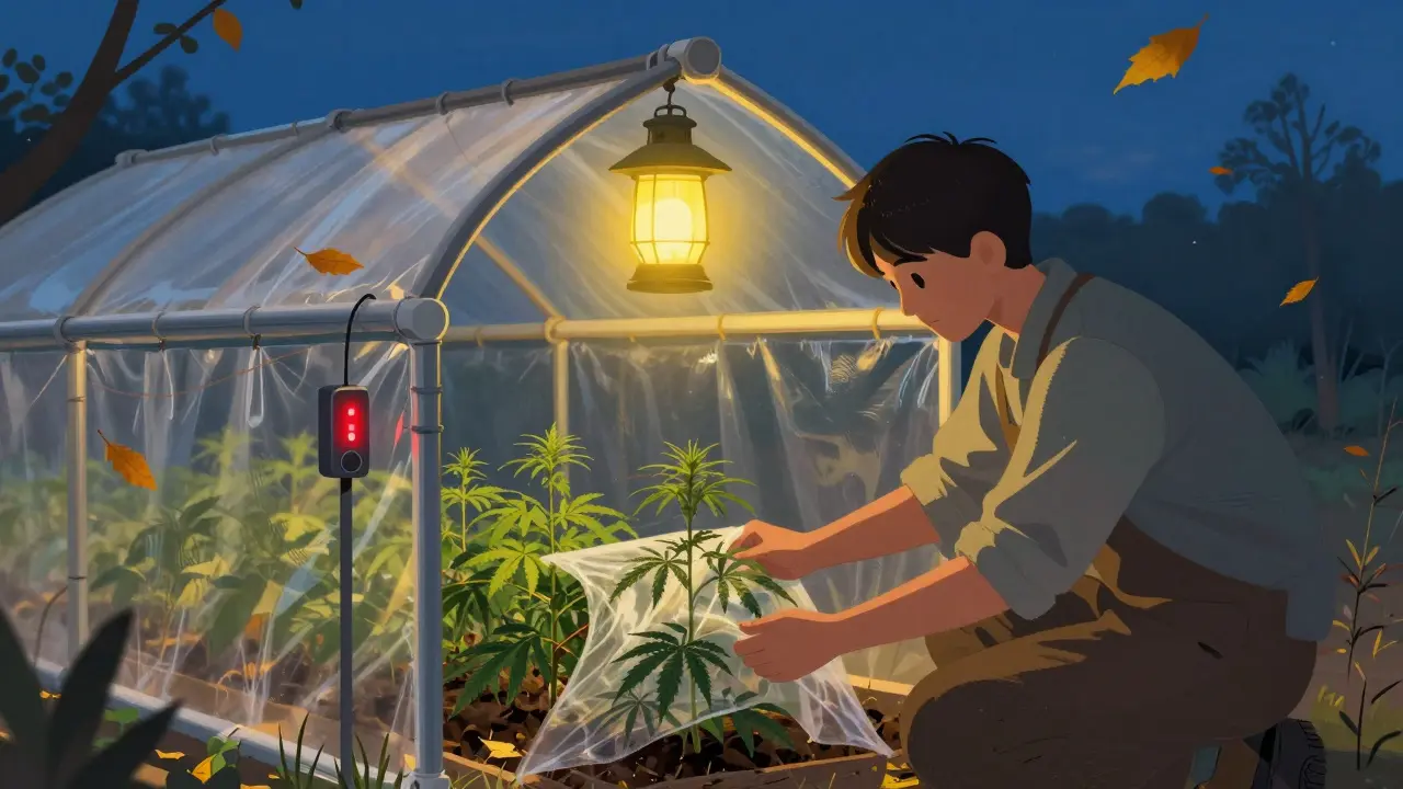 Anbauer bedeckt Hanfpflanzen mit Vliesstoff bei Dämmerung, kleines Foliengewächshaus im Hintergrund.