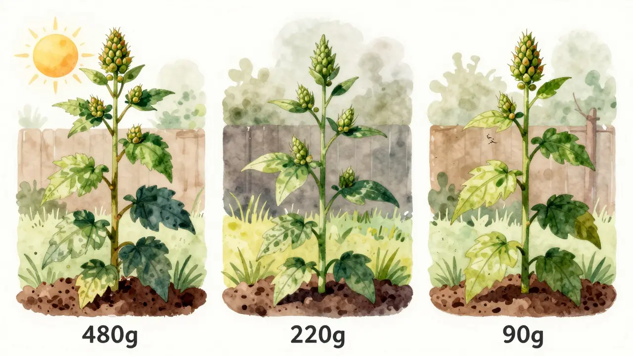 Drei Hanfpflanzen mit unterschiedlichen Erträgen: gesund, schattig und von Schädlingen befallen.