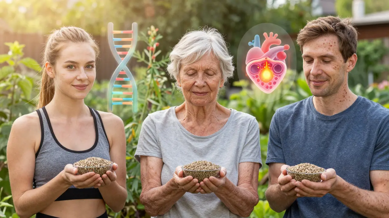 Drei Menschen mit Hanfsamen in Schalen, im Hintergrund ein sonniger Garten, symbolisch für gesundheitliche Vorteile.