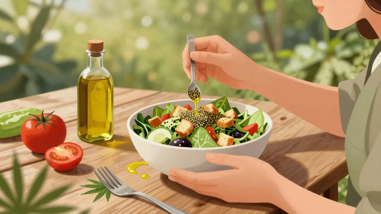 Ein Salat mit Hanfsamen statt Croutons, frisches Gemüse und ein Fläschchen Hanföl auf einem Holztisch.