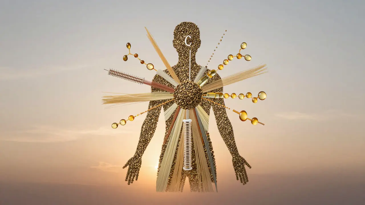 Eine Silhouette, die durch Hanfsamen und Nährstoffsymbole die Ernährungsbalance darstellt.