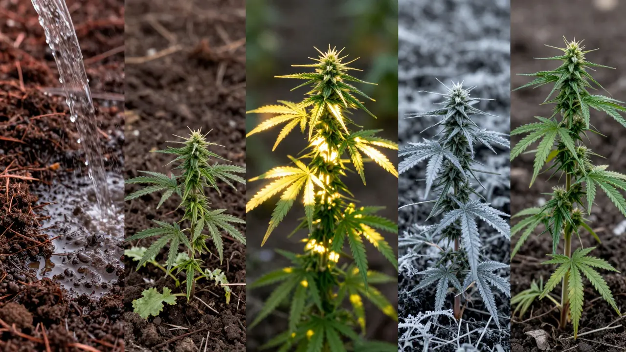 Fünf Fehler beim Hanfanbau neben einer gesunden Pflanze als Gegenüberstellung.