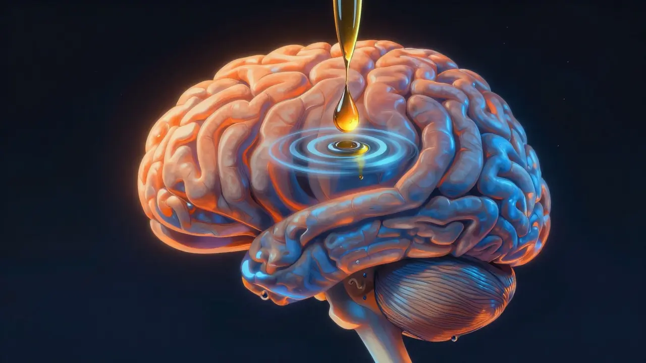 Gehirn mit Stress und Calm-Seite, CBD-Tropfen wirkt beruhigend, Hanfsamenöl im Hintergrund irrelevant.