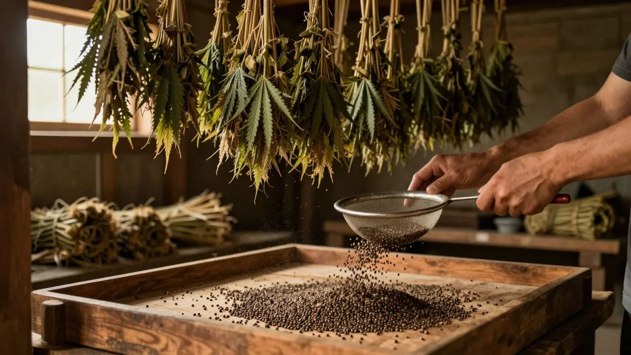 Getrocknete Hanfstängel hängen kopfüber, Samen fallen in eine Schale.