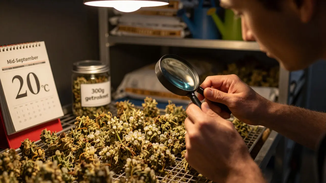 Hände prüfen Trichome an getrockneten Hanfbuds in einer dunklen Trockenkammer bei 20°C.