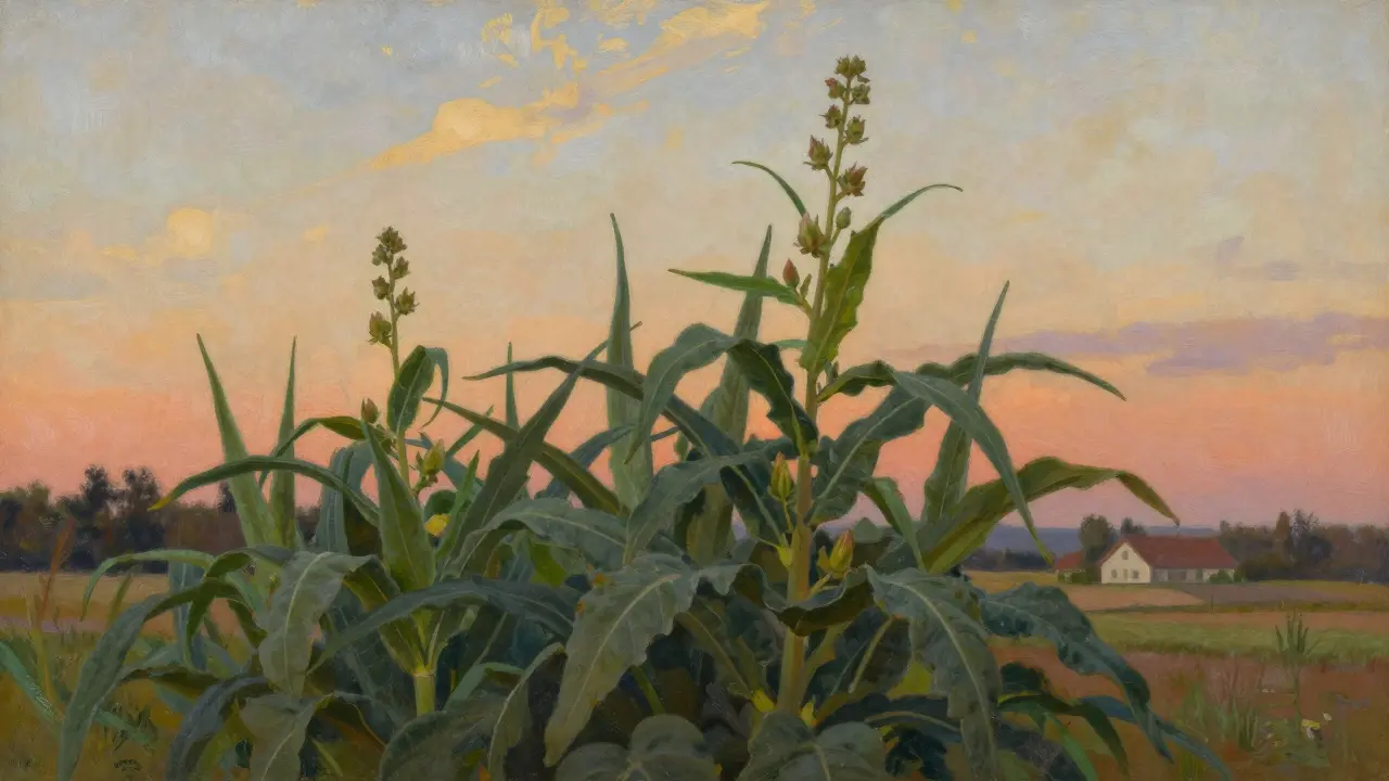 Hanfpflanze im Juli, die von Wachstum zur Blüte übergeht, mit langen Blättern und ersten Knospen.