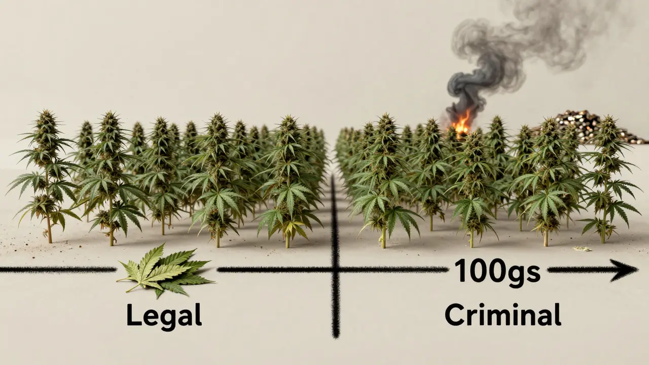 Hemp-Pflanzen mit einer unsichtbaren Grenze, die legalen von illegalen Mengen trennt.