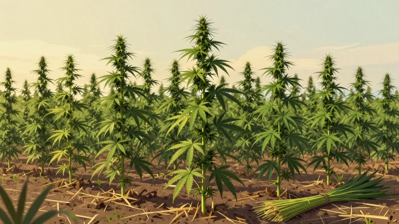 Hochgewachsene Hanfpflanzen in einem Feld mit mulchbedecktem Boden.