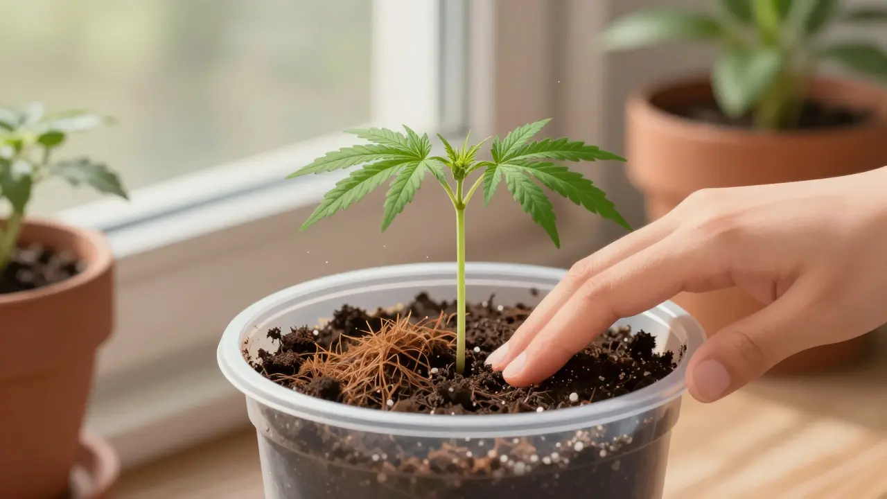 Junge Hanfpflanze in einem Topf mit lockerer Erde am sonnigen Fenster.