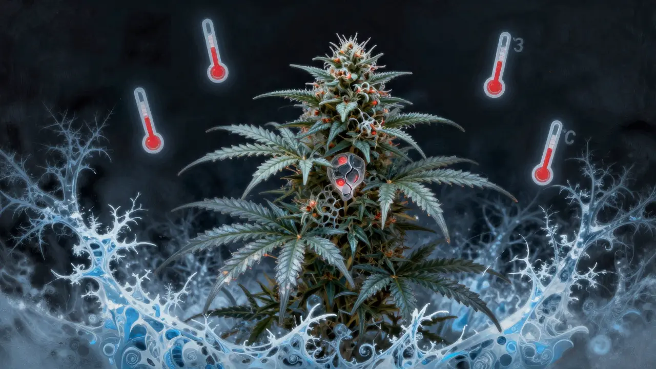 Konzeptuelles Bild einer Hanfpflanze mit gefrorenen, zerbrochenen Zellen und eisigen Mustern.