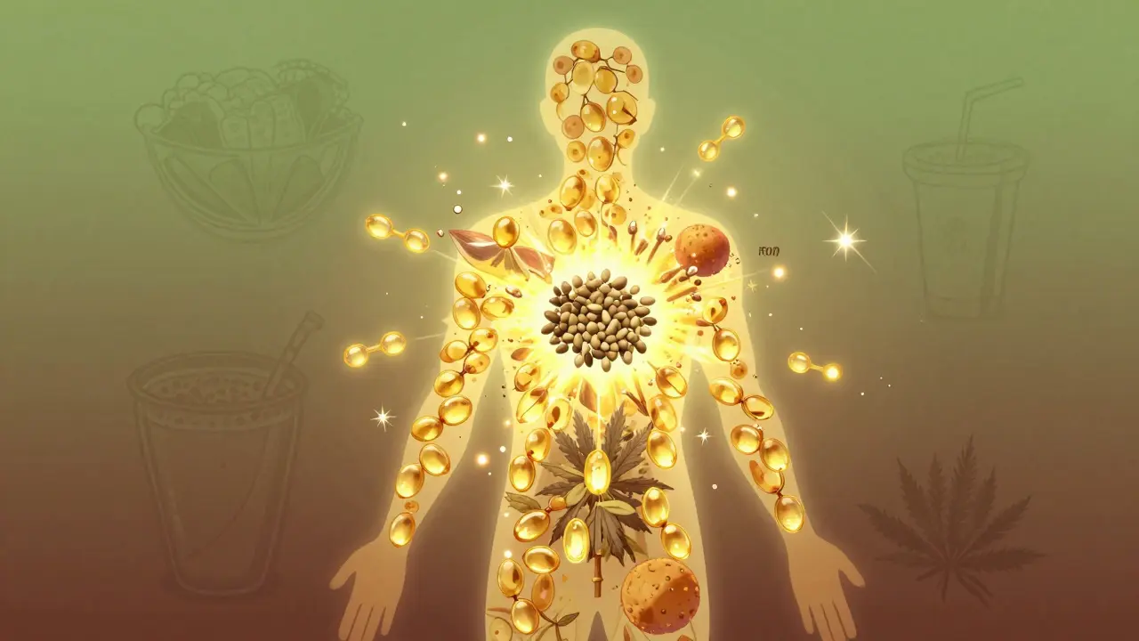 Menschliche Silhouette, gefüllt mit leuchtenden Nährstoffen wie Proteinen und Omega-3-Molekülen, ausgehend von Hanfsamen.