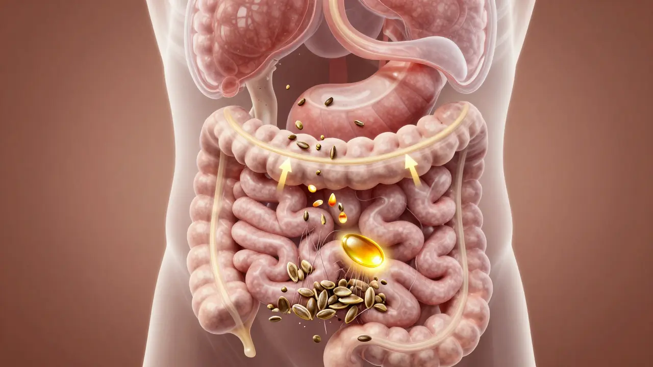 Transparenz-Darstellung des Verdauungstrakts mit Nährstofffreisetzung aus Hanfsamen