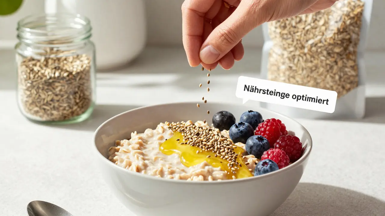 Veganer Müslischüssel mit gemischten Hanfsamen und Beeren auf Küchentheke