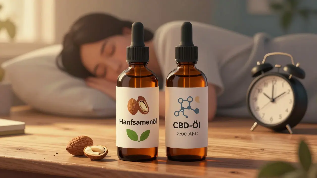 Zwei Ölflaschen nebeneinander: Hanfsamenöl für Ernährung, CBD-Öl für Schlaf, Mondsymbol, Holztisch.